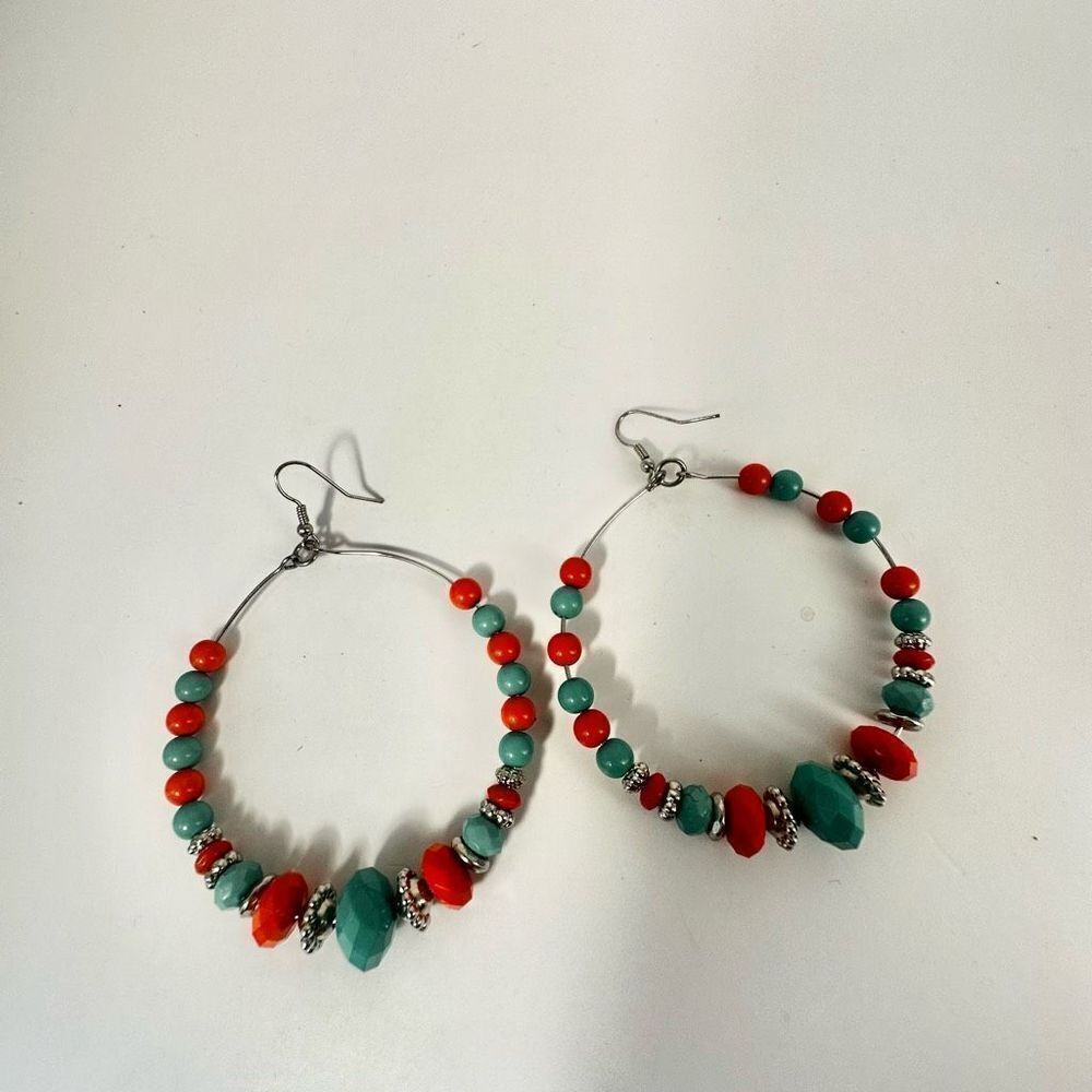 Green and blue beaded hoop earrings